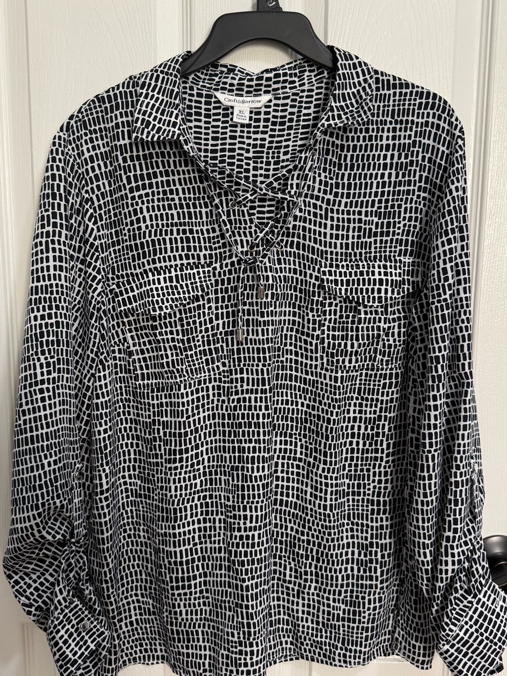 croft & barrow Black and White Grid-Print Lace-Up Shirt